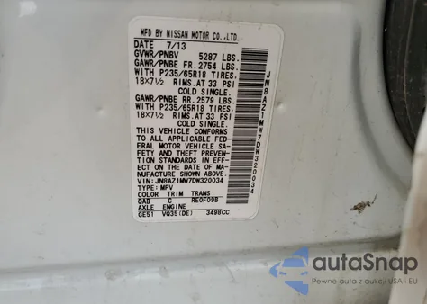 2013 Nissan Murano S из США, поврежденный, VIN JN8AZ1MW7DW320034